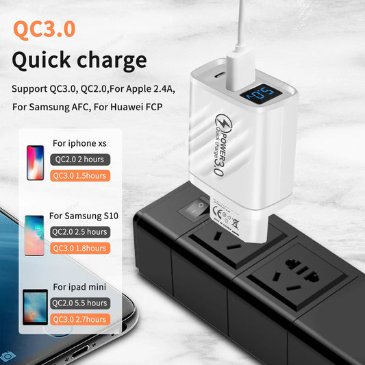 Ładowarka PD 20W USB-C z Wyświetlaczem LED - Quick Charge 3.0