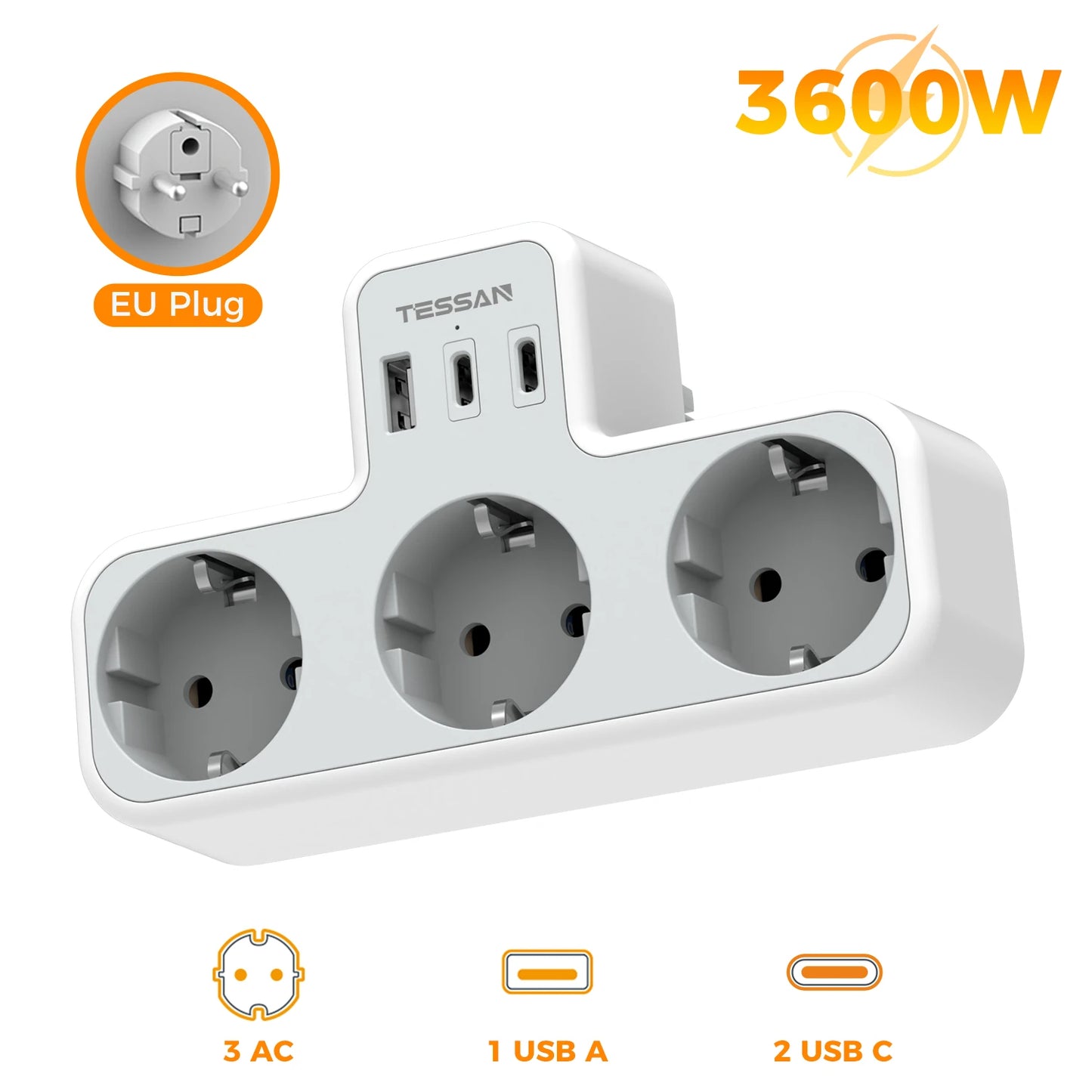 Listwa Zasilająca TESSAN 3 Gniazdka EU - Przedłużacz Ścienny z Ochroną Przeciążeniową
