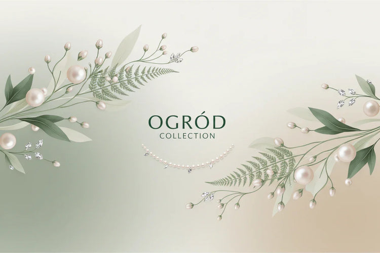 OGRÓD Collection showcasing elegant floral design with pearls and natural elements, perfect for nature lovers.