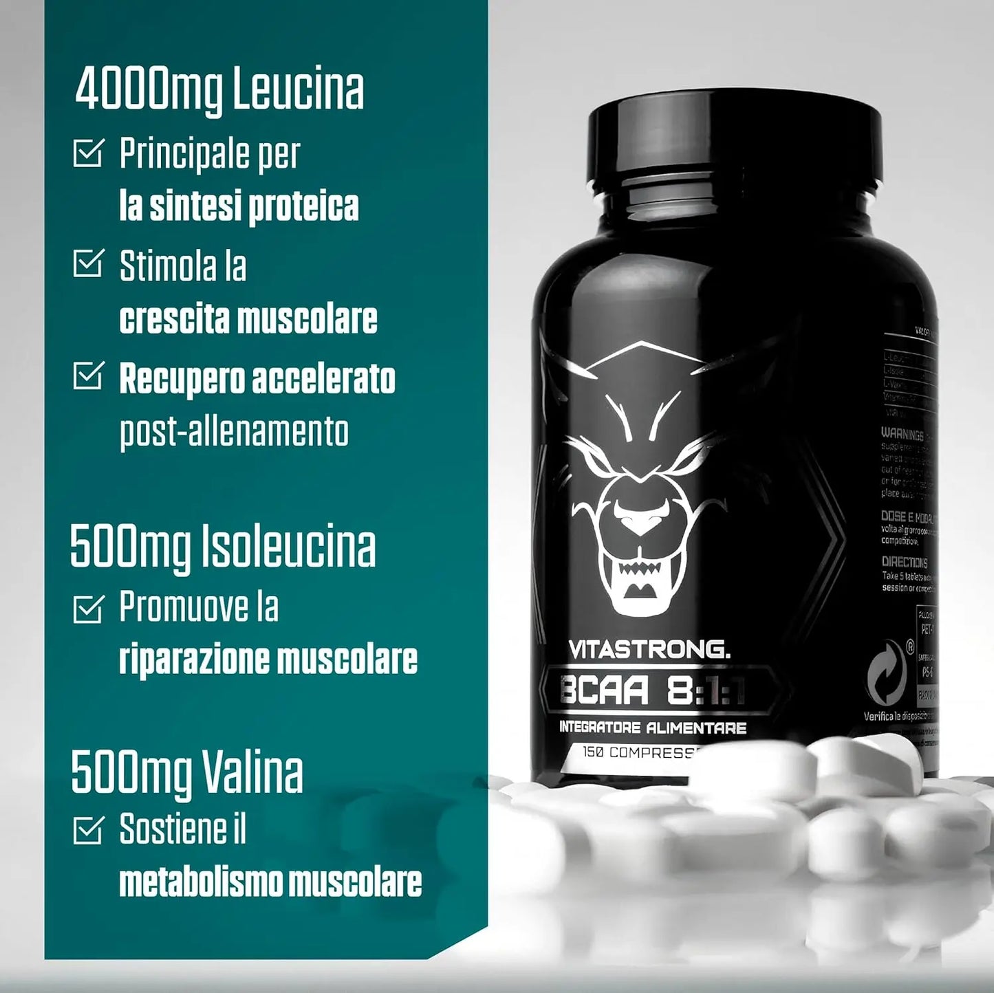 BCAA 8:1:1 Vitastrong 5000mg - Aminokwasy Rozgałęzione z Witaminą B6 Pre/Post Workout 150 Tabletek