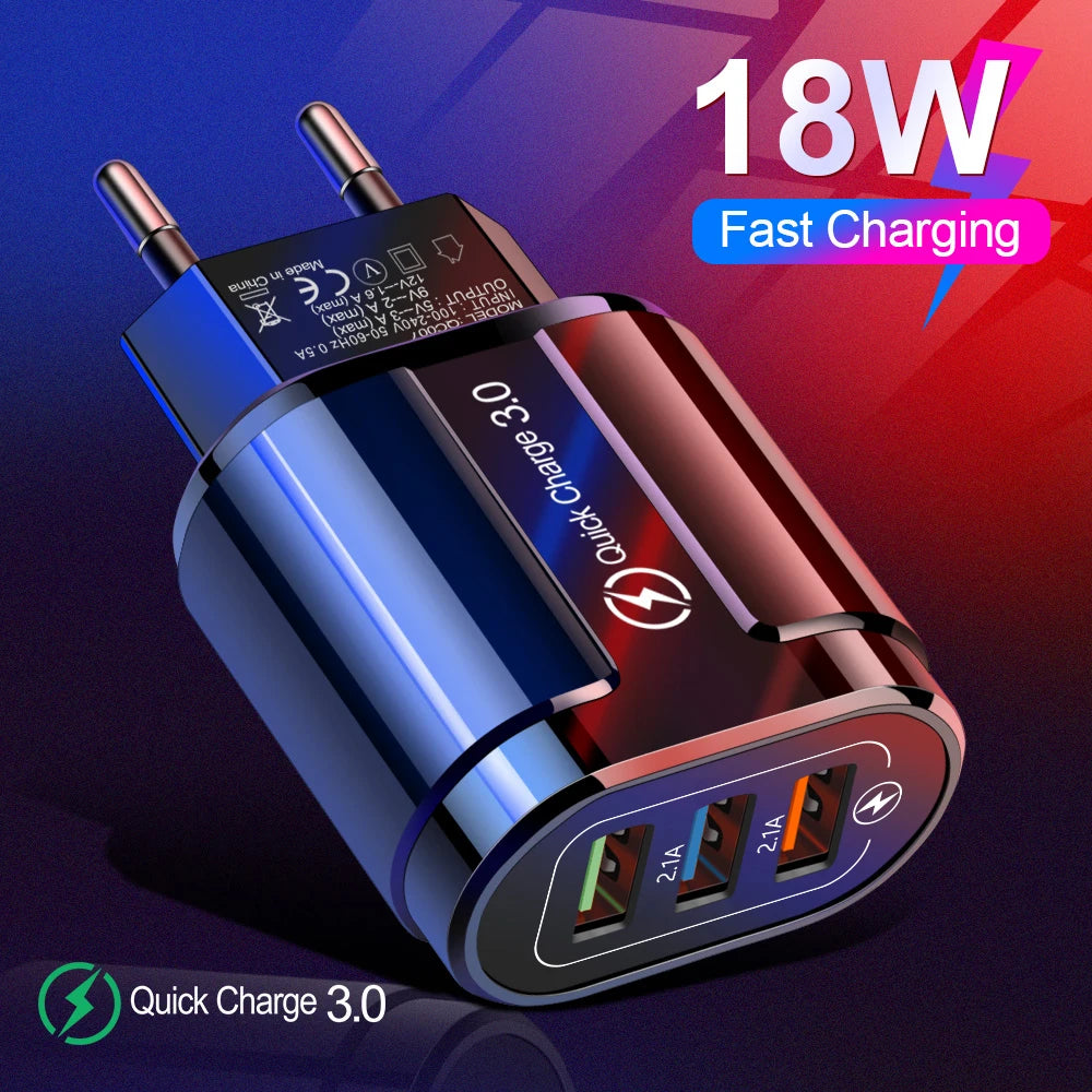 Ładowarka Quick Charge 3.0 18W - 3 Porty USB Szybka EU/US dla iPhone Samsung Xiaomi