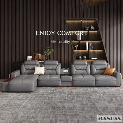 Sofa Narożna MANBAS ze Skóry Włoskiej - USB Bluetooth LED Schowek