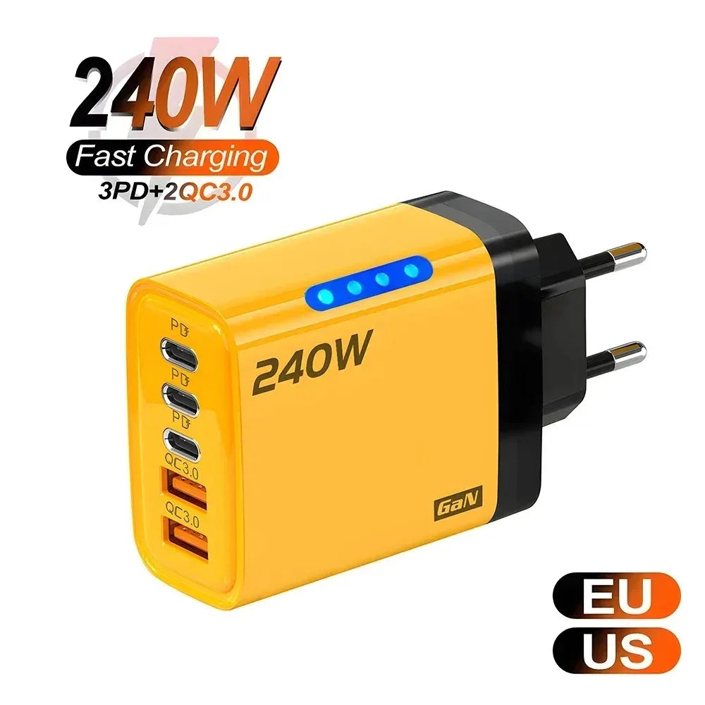Ładowarka 240W GaN 5w1 USB-C - 3PD 2USB QC3.0 Kabel 10A iPhone 16 Samsung