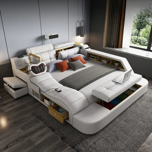 Łóżko Dwuosobowe Queen/King ze Schowkiem - Nowoczesne Łóżko Skórzane z Masażem i Podnoszonym Stelażem