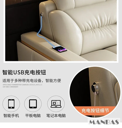 Sofa Narożna MANBAS ze Skóry Włoskiej - USB Bluetooth LED Schowek