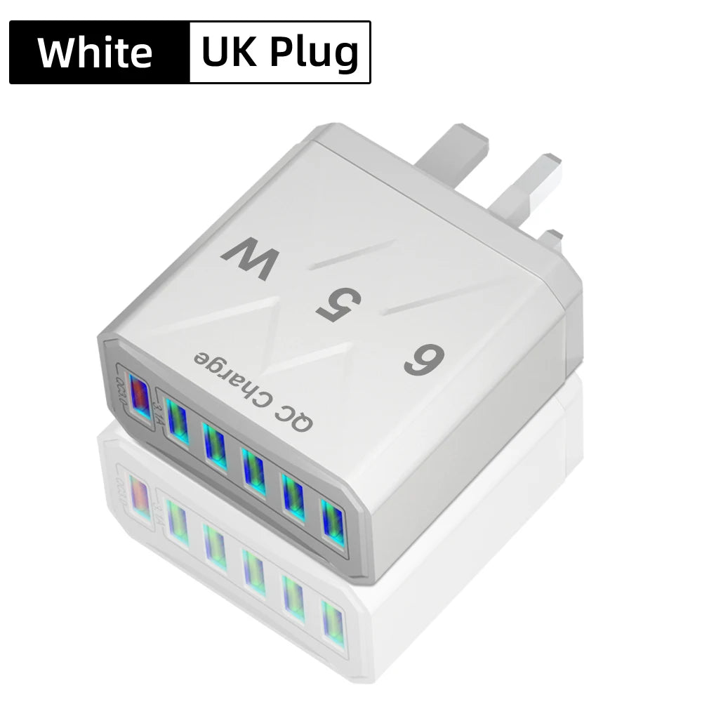 Ładowarka 65W 6 Portów USB QC3.0 - Podróżna iPhone 14 Samsung Xiaomi EU/US/UK