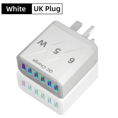 Ładowarka 65W 6 Portów USB QC3.0 - Podróżna iPhone 14 Samsung Xiaomi EU/US/UK