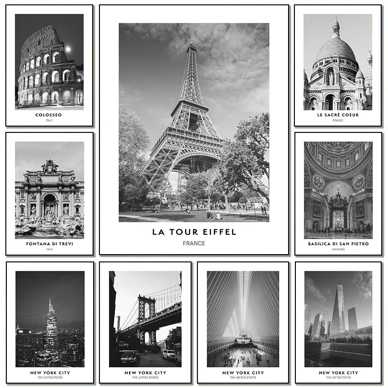 Minimalistyczny Plakat Czarno-Biały Miasta Nowy Jork Paryż Rzym - Obraz na Płótnie Dekoracja Ścienna