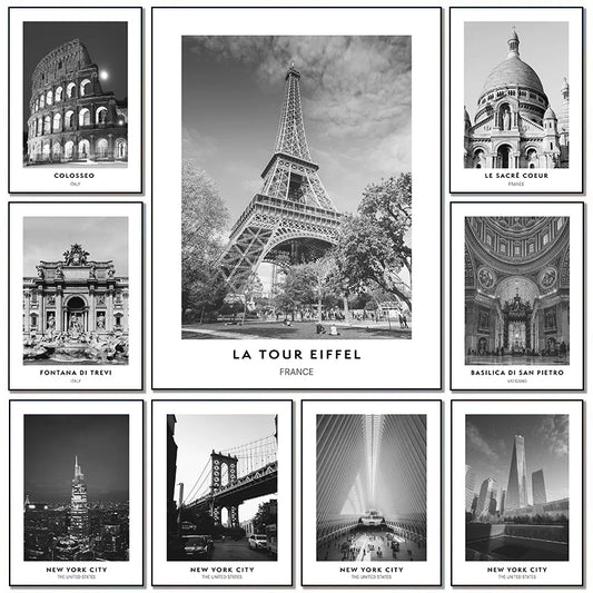 Minimalistyczny Plakat Czarno-Biały Miasta Nowy Jork Paryż Rzym - Obraz na Płótnie Dekoracja Ścienna