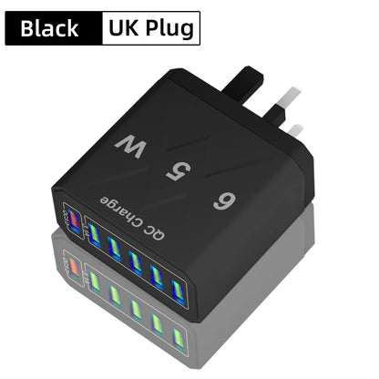 Ładowarka 65W 6 Portów USB QC3.0 - Podróżna iPhone 14 Samsung Xiaomi EU/US/UK