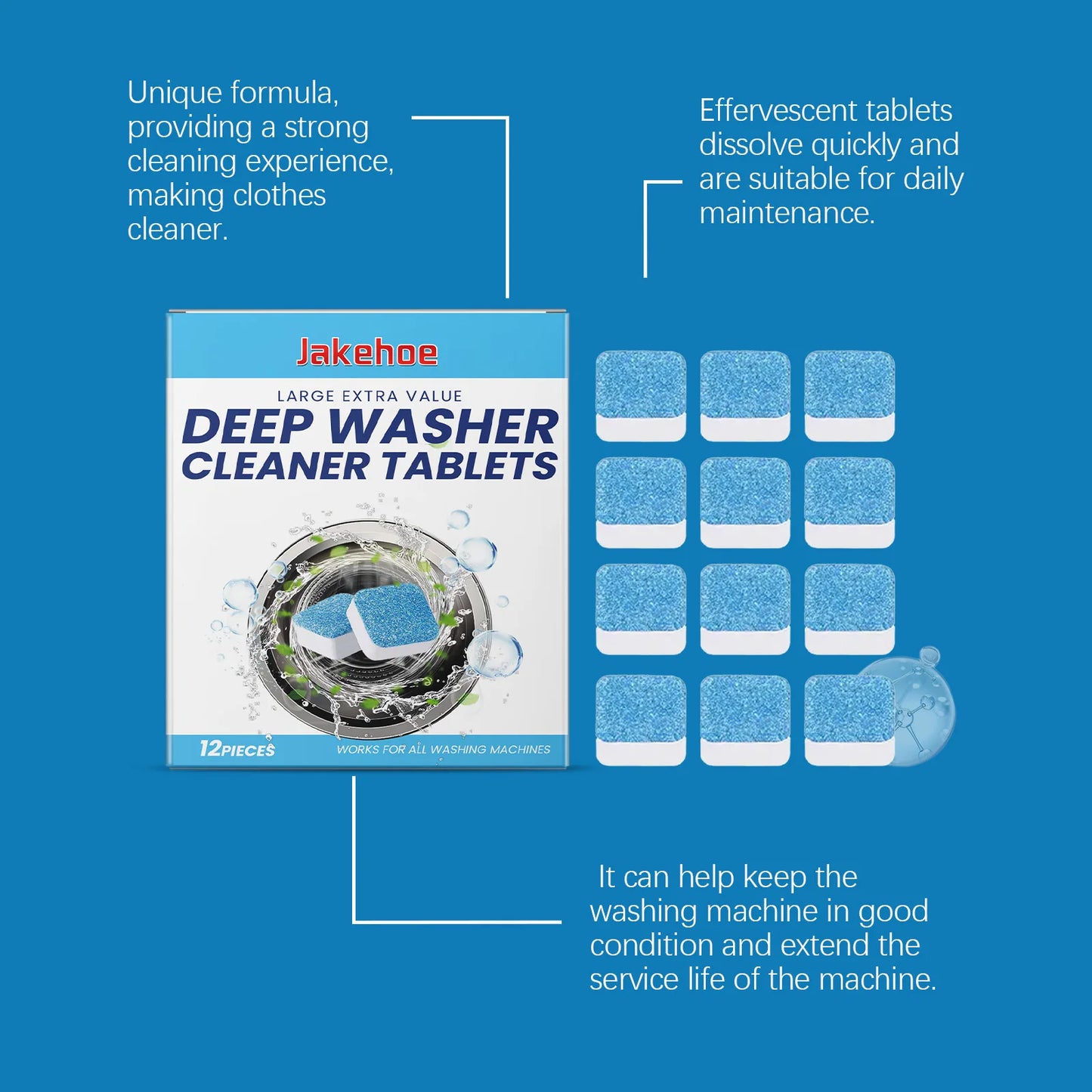 12pcs Washing Machine Cleaner Tablets, Deep Clean & Deodorize for Front/Top Load Washers, Removes Limescale & Residue