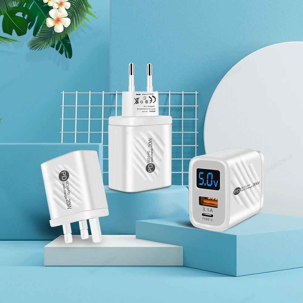 Ładowarka PD 20W USB-C z Wyświetlaczem LED - Quick Charge 3.0