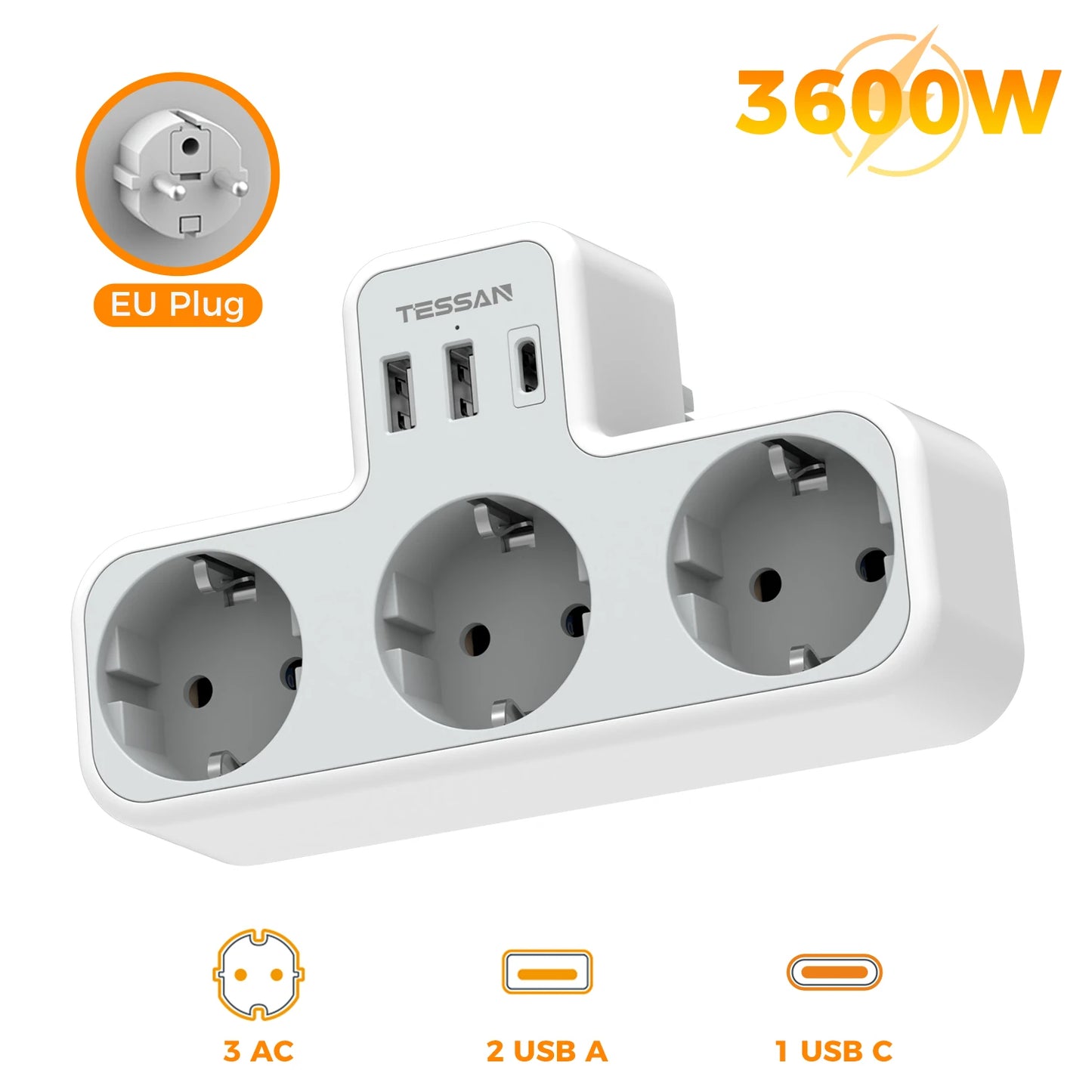 Listwa Zasilająca TESSAN 3 Gniazdka EU - Przedłużacz Ścienny z Ochroną Przeciążeniową