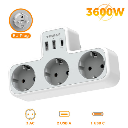 Listwa Zasilająca TESSAN 3 Gniazdka EU - Przedłużacz Ścienny z Ochroną Przeciążeniową