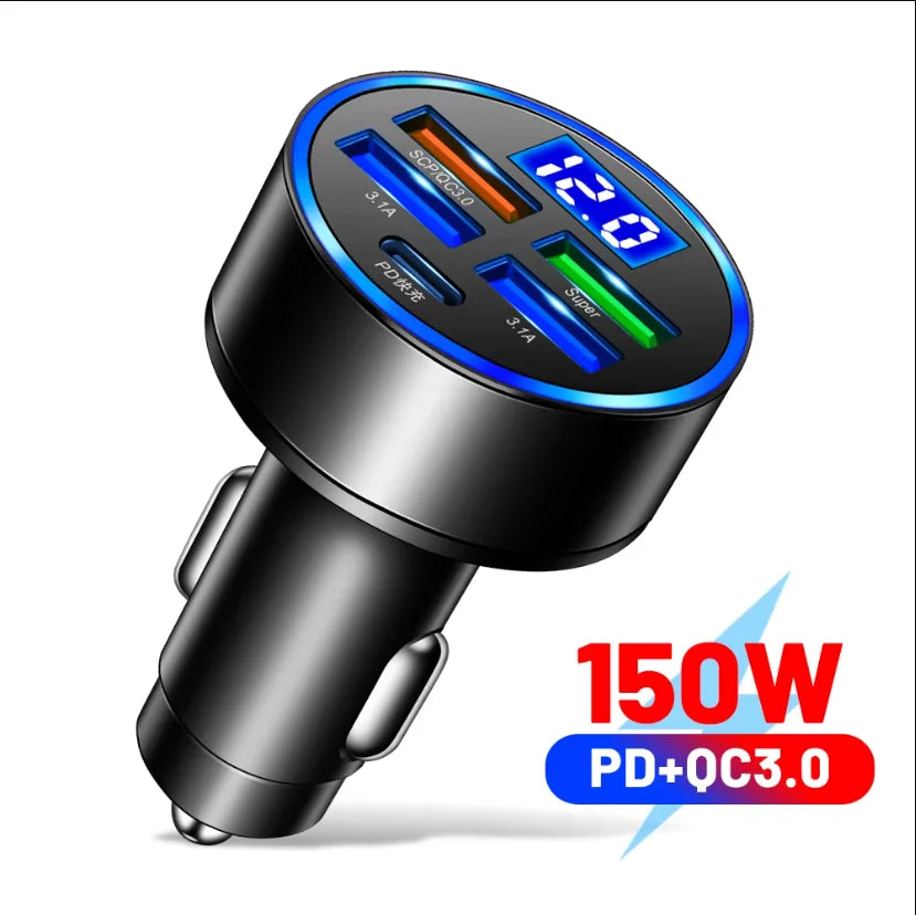 Ładowarka Samochodowa 250W PD QC3.0 - Szybkie Ładowanie 2-6 Portów USB z Wyświetlaczem Cyfrowym