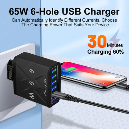 Ładowarka Sieciowa 65W 6 Portów USB - Stacja Ładowania QC3.0