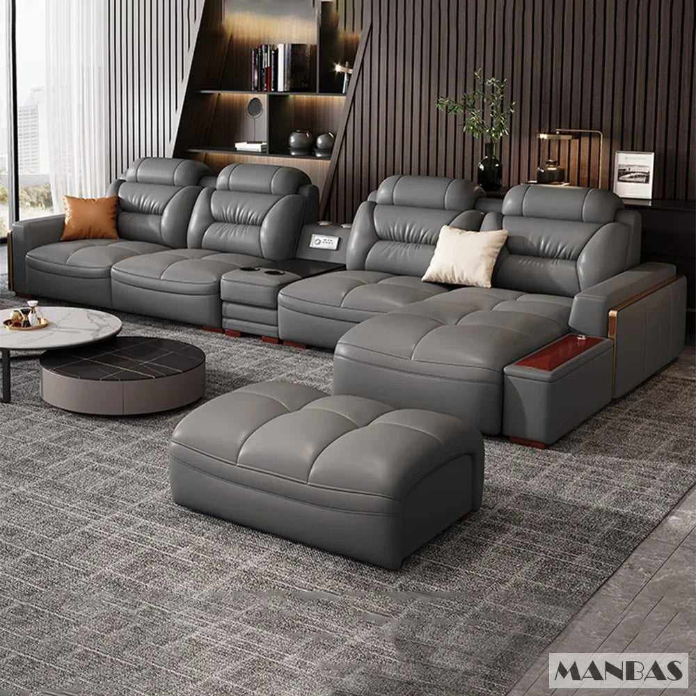 Sofa Narożna MANBAS ze Skóry Włoskiej - USB Bluetooth LED Schowek