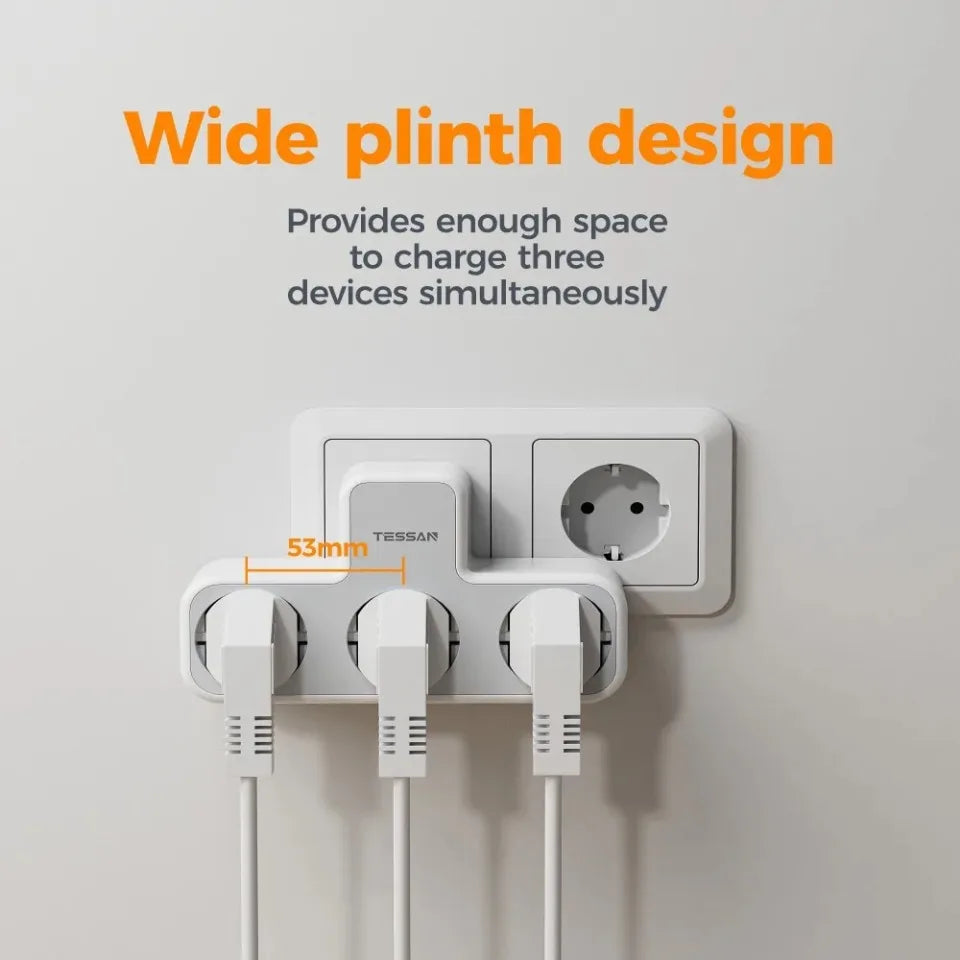 Listwa Zasilająca TESSAN 3 Gniazdka EU - Przedłużacz Ścienny z Ochroną Przeciążeniową