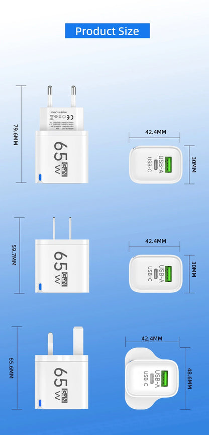 Ładowarka GaN 65W PD USB Type C - Szybka dla iPhone Xiaomi Huawei Samsung OnePlus