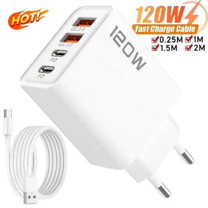 Ładowarka 120W 4 Porty USB-C PD QC3.0 - Podróżna iPhone Samsung EU/US/UK