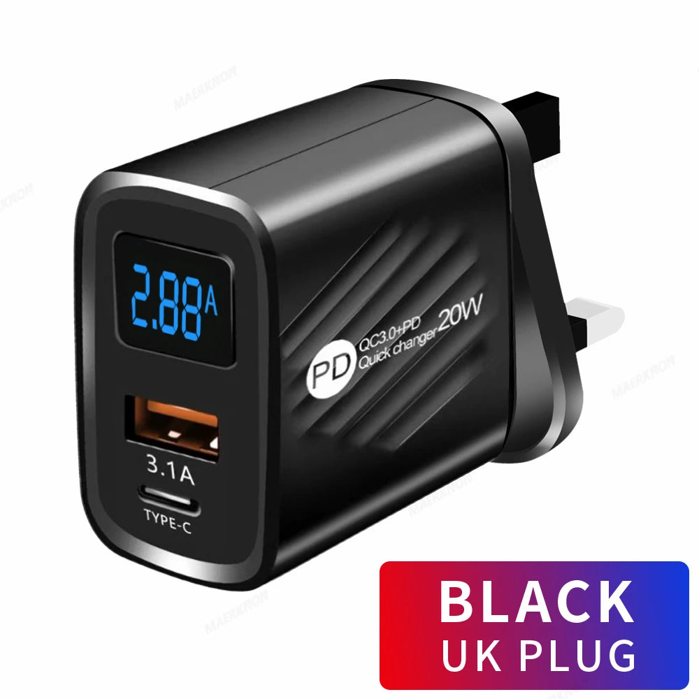 Ładowarka PD 20W USB-C z Wyświetlaczem LED - Quick Charge 3.0