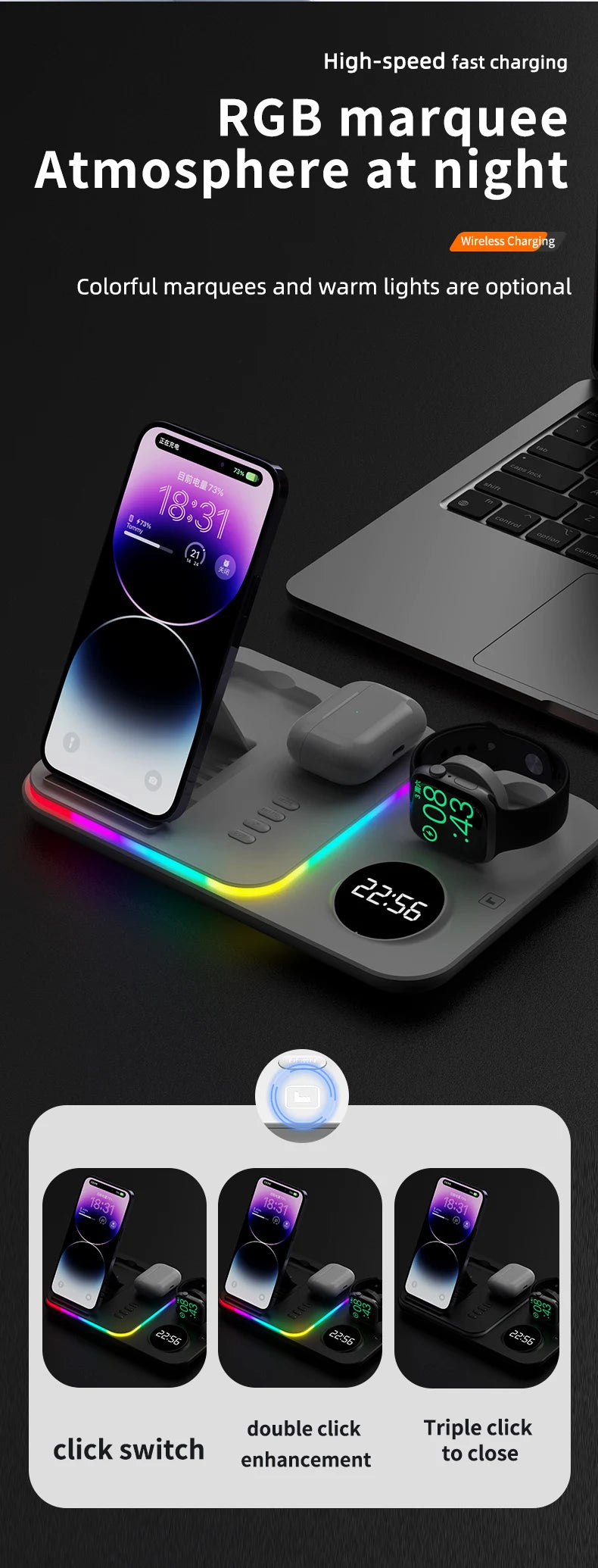 Ładowarka Bezprzewodowa 5w1 RGB - iPhone 17/16/15 Samsung Apple Watch