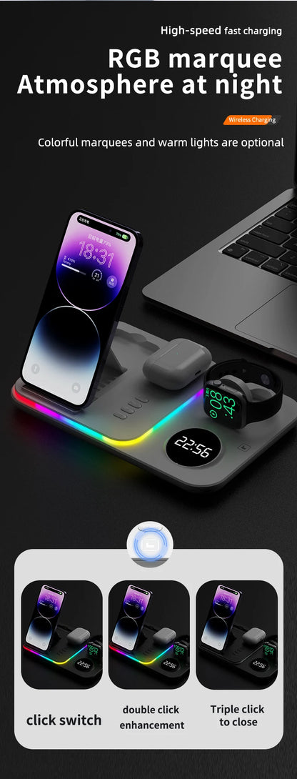 Ładowarka Bezprzewodowa 5w1 RGB - iPhone 17/16/15 Samsung Apple Watch
