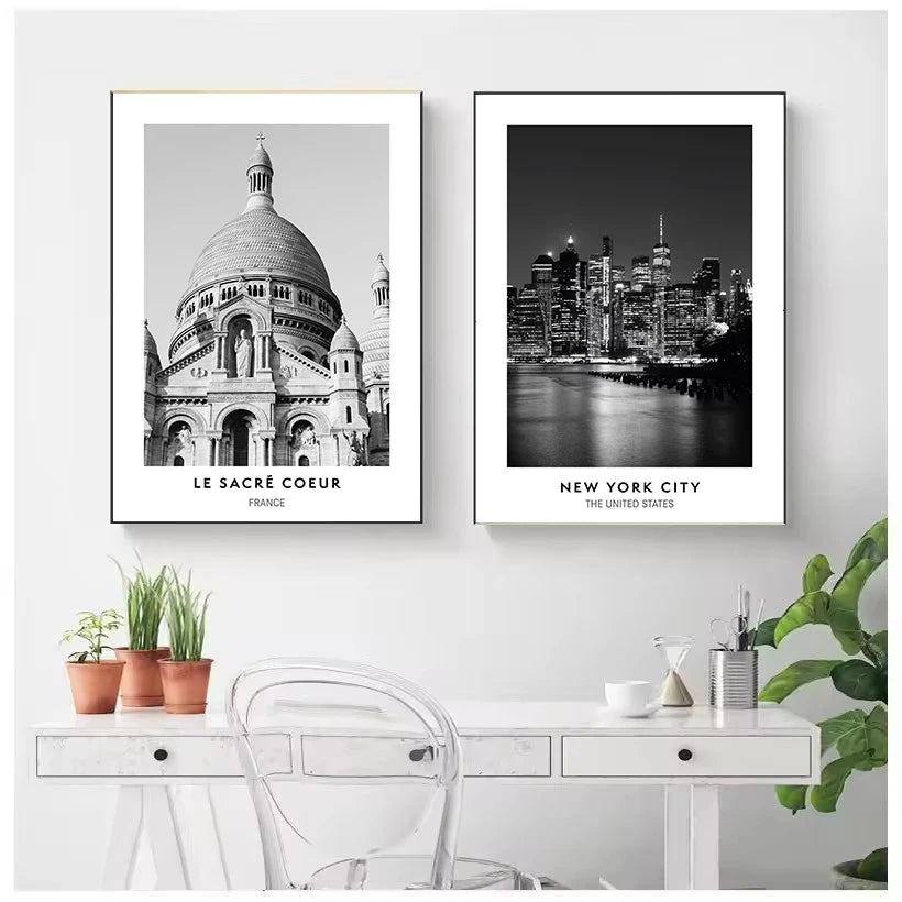 Minimalistyczny Plakat Czarno-Biały Miasta Nowy Jork Paryż Rzym - Obraz na Płótnie Dekoracja Ścienna