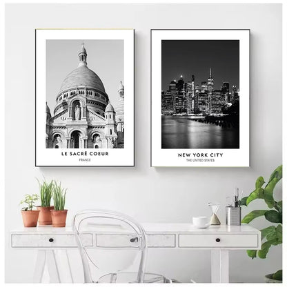 Minimalistyczny Plakat Czarno-Biały Miasta Nowy Jork Paryż Rzym - Obraz na Płótnie Dekoracja Ścienna