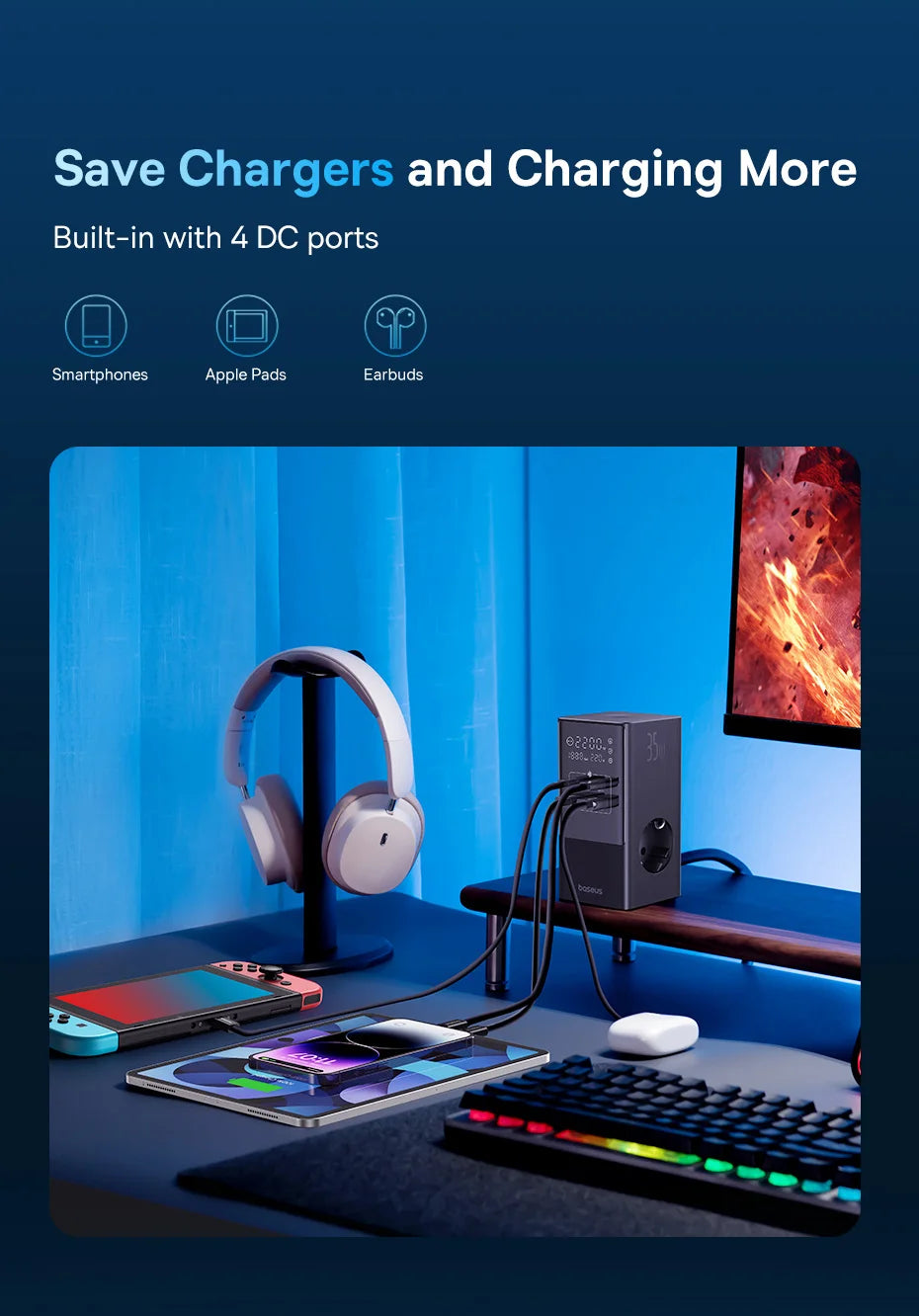 Baseus 35W Fast Charger 7w1 Power Strip - Stacja Ładująca Surge Protector iPhone