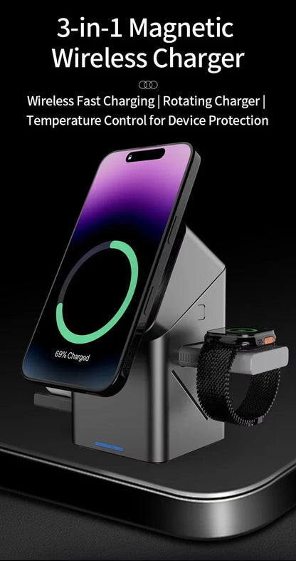 Ładowarka Bezprzewodowa 3w1 Magnetyczna - iPhone 16/15/14/13 iWatch AirPods