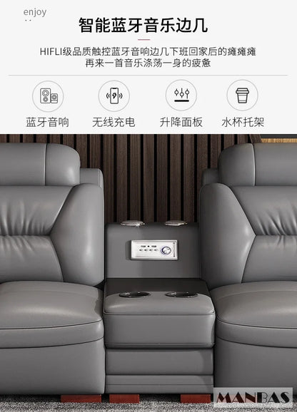 Sofa Narożna MANBAS ze Skóry Włoskiej - USB Bluetooth LED Schowek