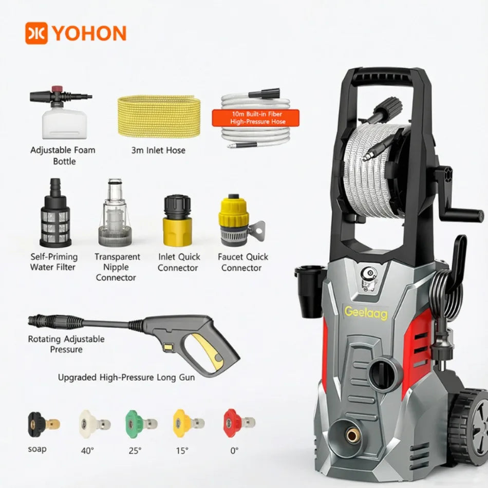 YOHON High Pressure Speed Wash Machine 1600W Induction Motor Multi - Water Source Car Cleaning Powerful Washer 3–7 Days Delivery