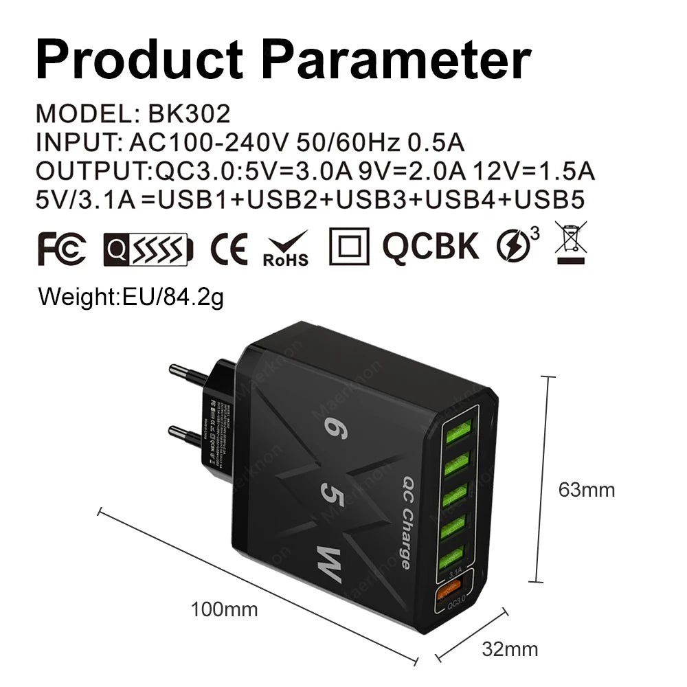 Ładowarka Sieciowa 65W 6 Portów USB - Stacja Ładowania QC3.0