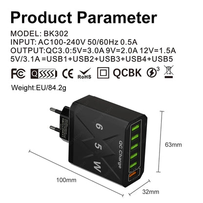 Ładowarka Sieciowa 65W 6 Portów USB - Stacja Ładowania QC3.0