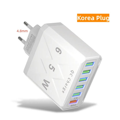 Ładowarka Sieciowa 65W 6 Portów USB - Stacja Ładowania QC3.0