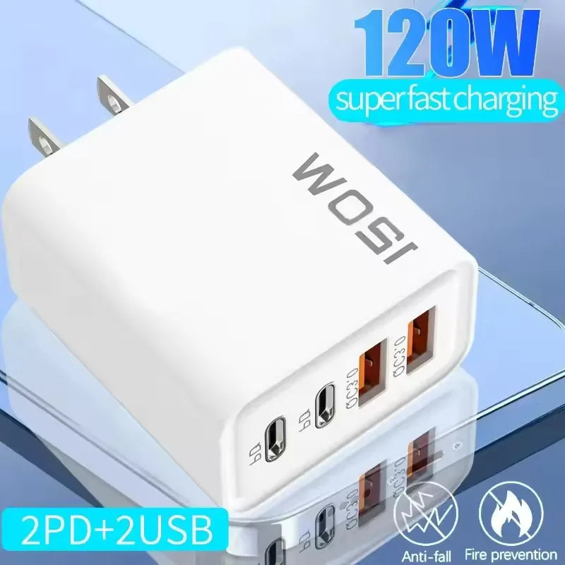 Ładowarka 120W 4 Porty USB-C PD QC3.0 - Podróżna iPhone Samsung EU/US/UK