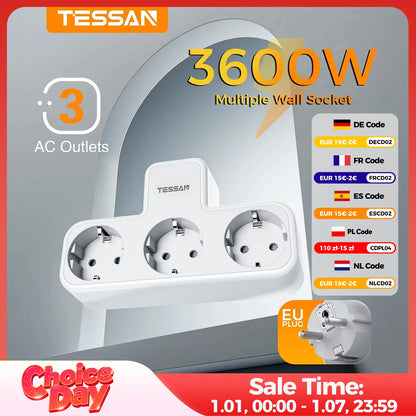 Listwa Zasilająca TESSAN 3 Gniazdka EU - Przedłużacz Ścienny z Ochroną Przeciążeniową