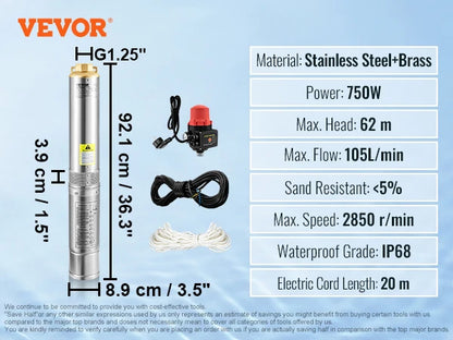 Pompa Głębinowa SucceBuy 370W/550W/750W/1100W - Stal Nierdzewna Deep Well Submersible