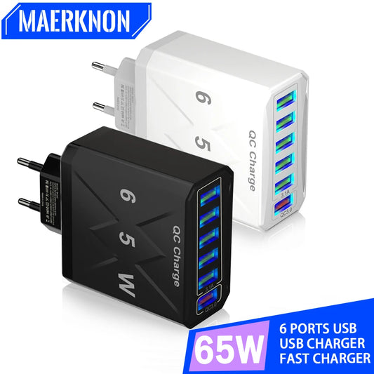 Ładowarka Sieciowa 65W 6 Portów USB - Stacja Ładowania QC3.0