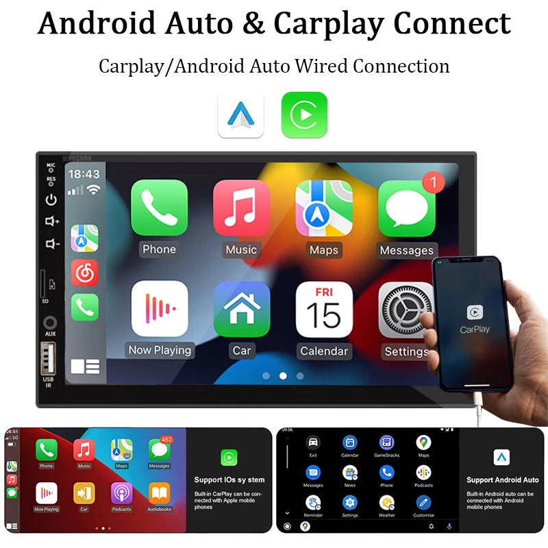 Radio 7 Carplay Android Auto - 1 Din Multimedia Player HD Touch Screen FM Bluetooth MirrorLink