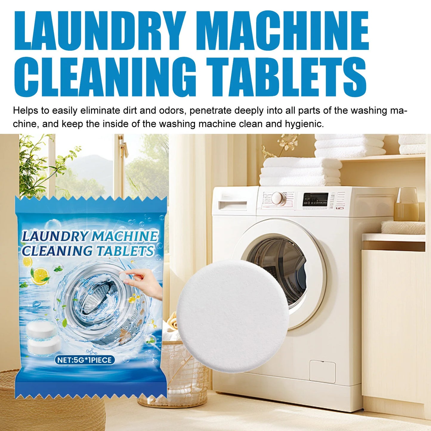 5g Washing Machine Cleaner Tablets, Effervescent Deep Cleaning & Deodorizing for Front/Top Load Washers, Removes Dirt & Odors