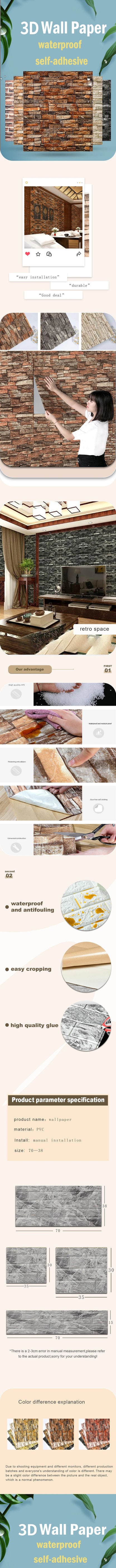 Panele Ścienne 3D Cegła 35x30cm - 12szt Samoprzylepna Tapeta Retro Pianka