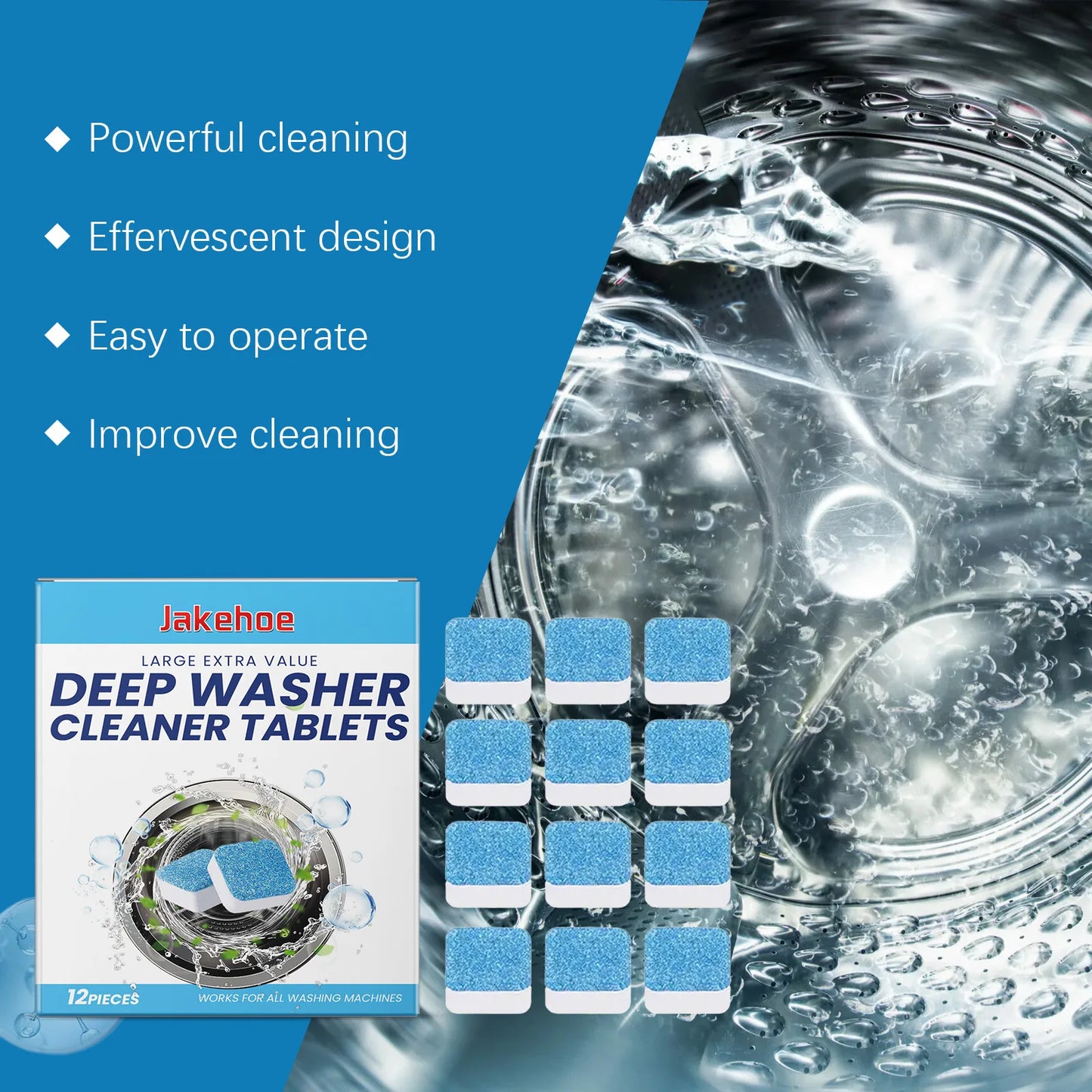 12pcs Washing Machine Cleaner Tablets, Deep Clean & Deodorize for Front/Top Load Washers, Removes Limescale & Residue