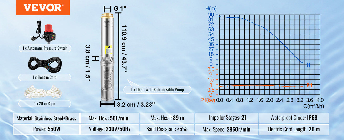 Pompa Głębinowa SucceBuy 370W/550W/750W/1100W - Stal Nierdzewna Deep Well Submersible
