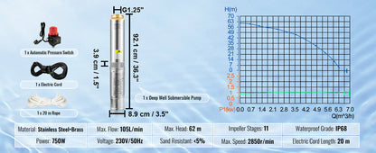 Pompa Głębinowa SucceBuy 370W/550W/750W/1100W - Stal Nierdzewna Deep Well Submersible